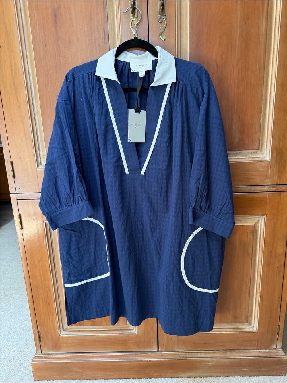 Pomander Place Navy Blue Tunic Dress with Cream Trim